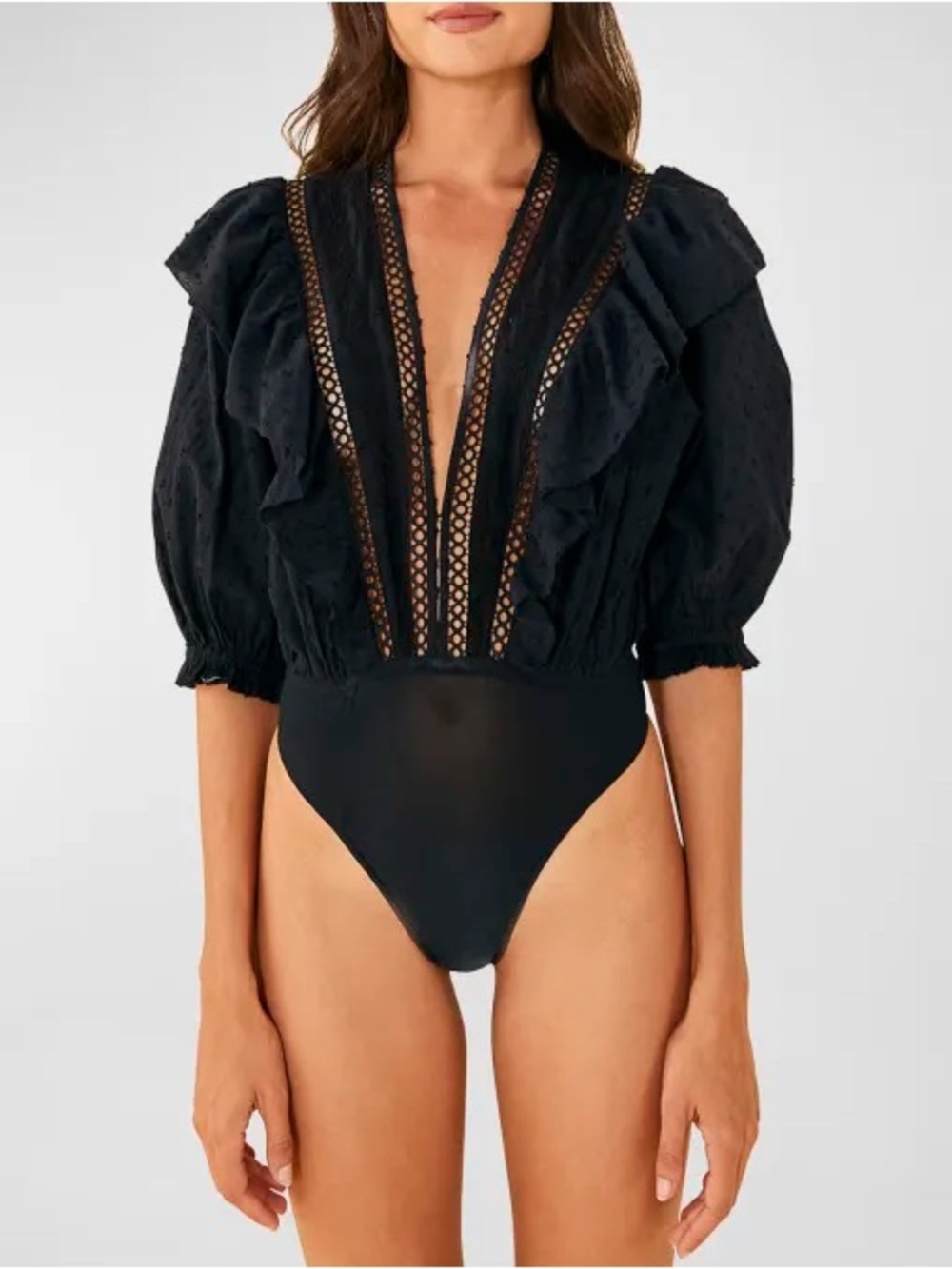 Farm Rio Black Lace Trim Puff Sleeve Bodysuit